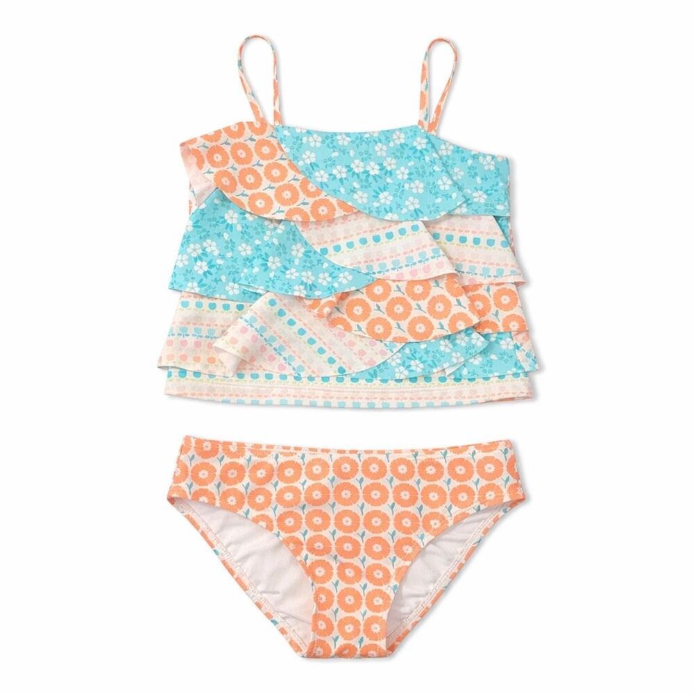Tommy Bahama Ruffle Tankini Set Tropical Floral Beachy Girls 5 Orange Blue